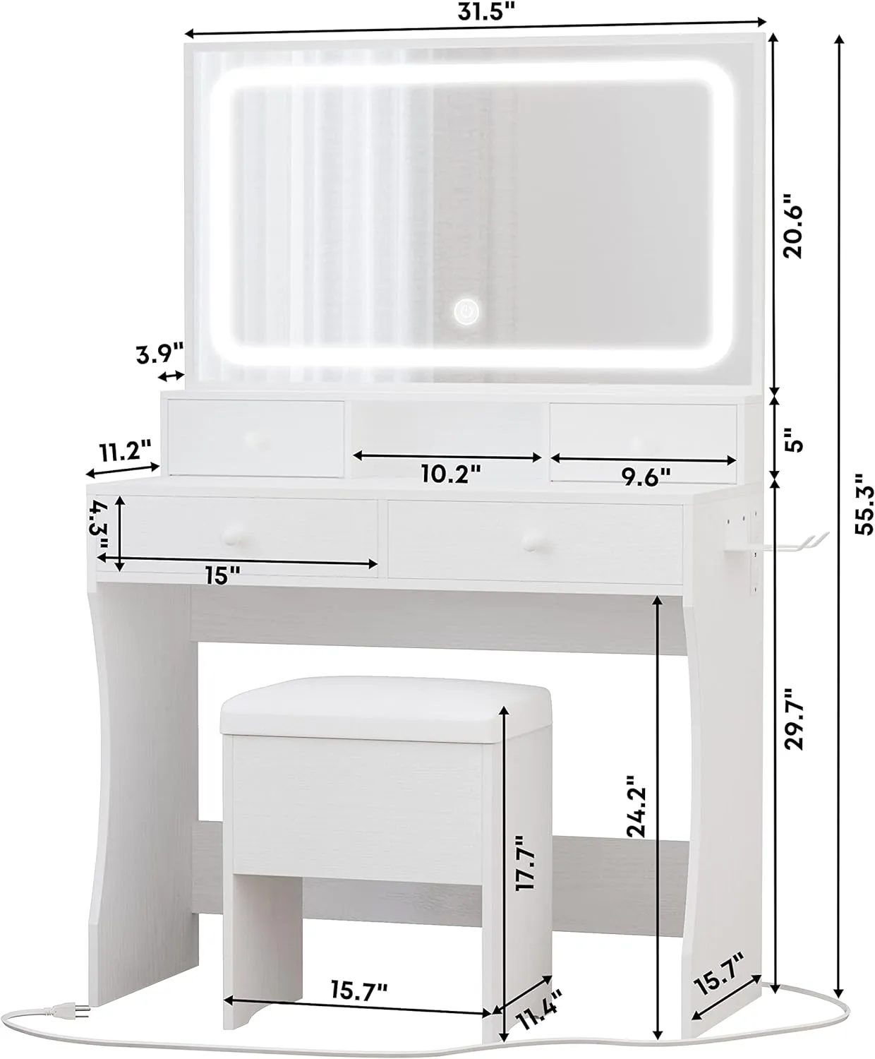 Vanity Desk with LED Lighted Mirror, Power Outlet, and 4 Drawers