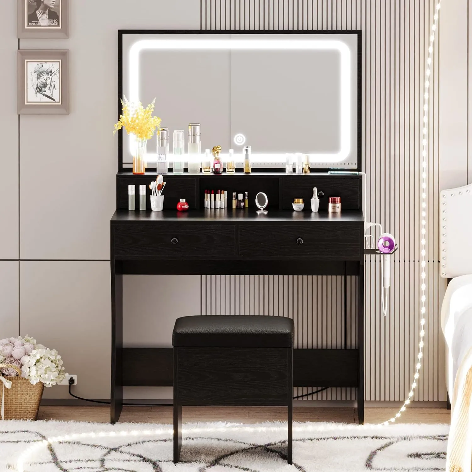 Vanity Desk with LED Lighted Mirror, Power Outlet, and 4 Drawers