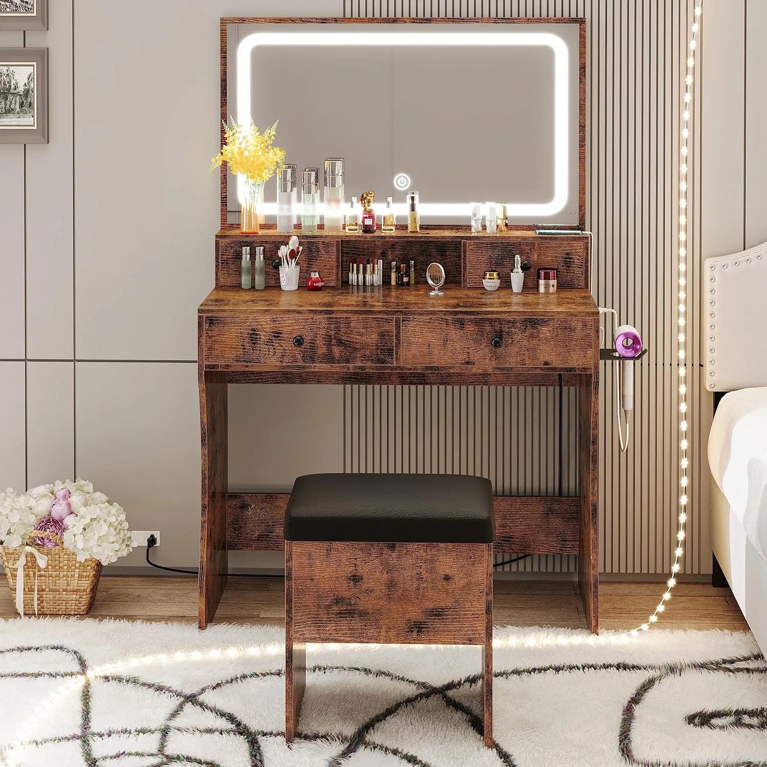 Vanity Desk with LED Lighted Mirror, Power Outlet, and 4 Drawers