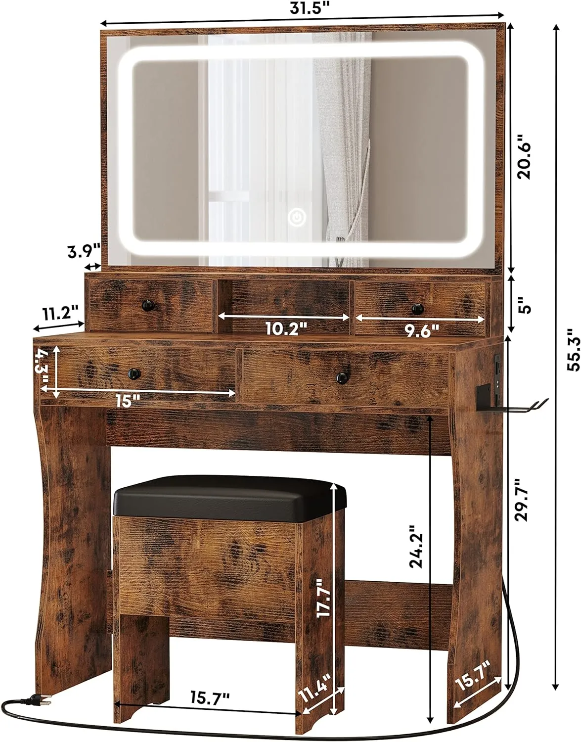 Vanity Desk with LED Lighted Mirror, Power Outlet, and 4 Drawers