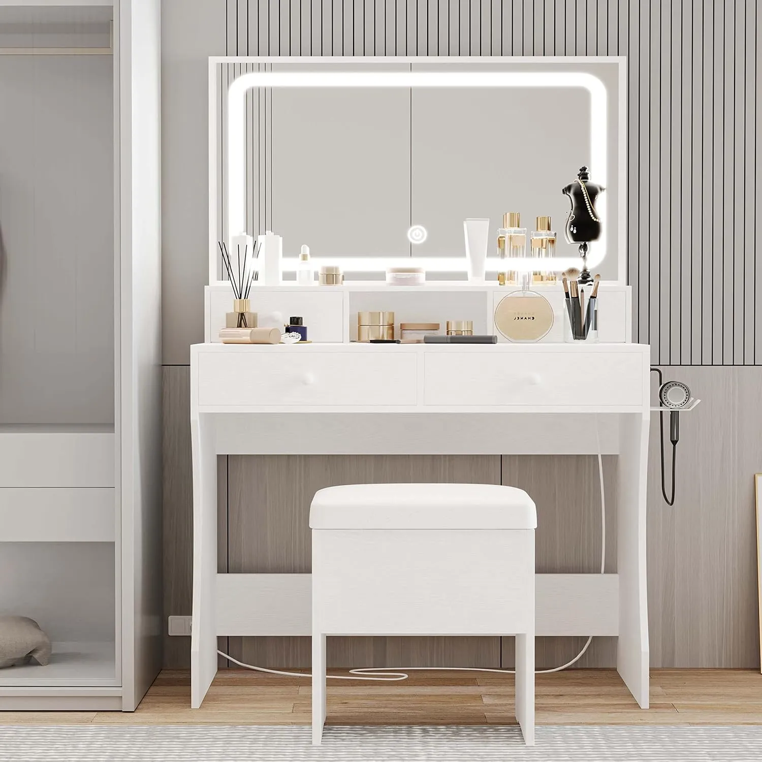 Vanity Desk with LED Lighted Mirror, Power Outlet, and 4 Drawers