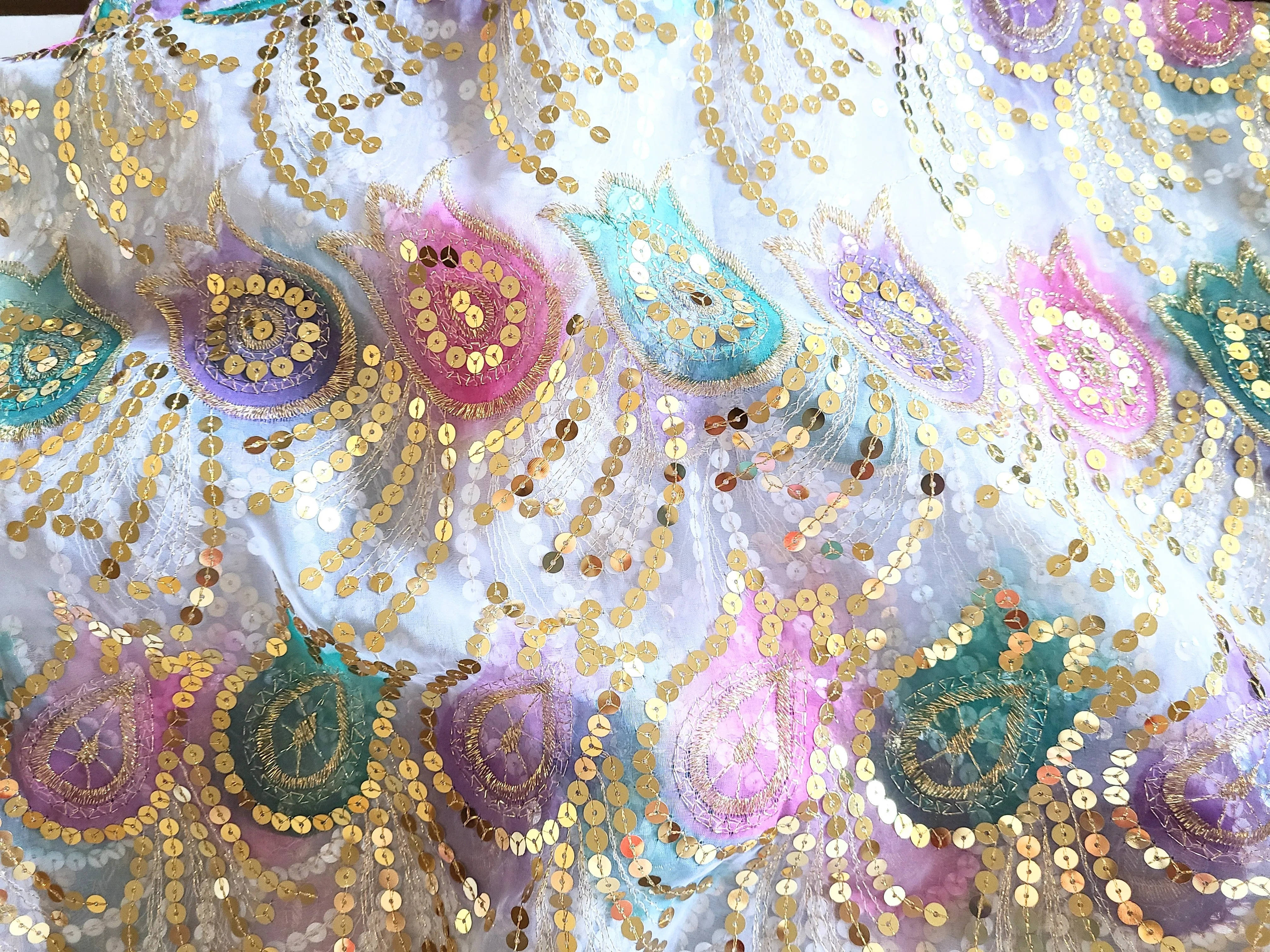 Vintage Fabric - Embellished - Sequin - Paisley Scallop Edge - Fabric Remnant - EBL72